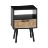 15.75" Rattan End table with drawer and solid wood legs; Modern nightstand; side table for living roon; bedroom; black